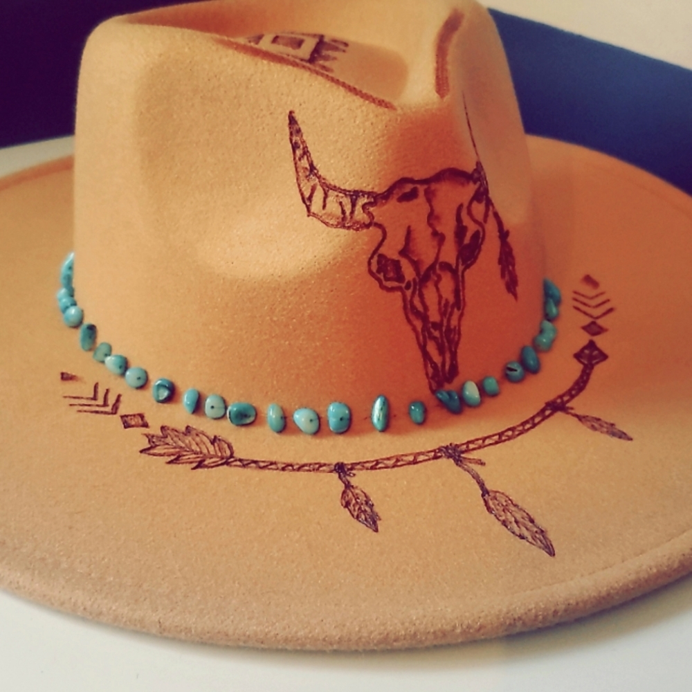 Custom burned wide brim fedora